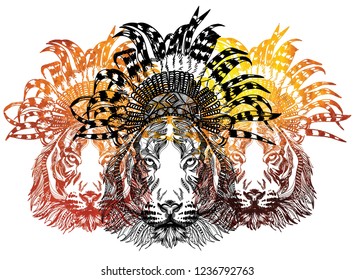 Tiger with an ethnic headdress. Tiger in a rouche. Freehand drawing, stylish print, ethnic print.
