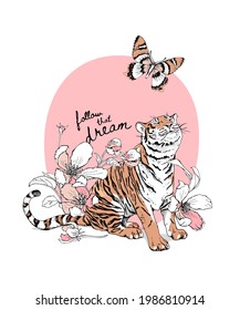 Tiger with the exotic flowers and leaves and butterfly. Textile composition, hand drawn style print. Vector illustration.