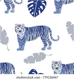 Tiger and exotic leaves seamless pattern