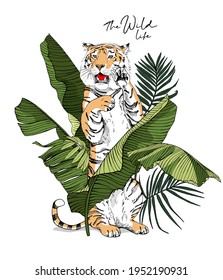 Tiger in the exotic palm leaves. Card, t-shirt composition, hand drawn style print. Vector illustration.