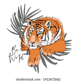 Tiger with the exotic palm leaves. Creative poster, t-shirt composition, hand drawn style print. Vector illustration.