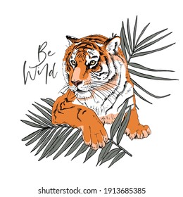 Tiger with the exotic palm leaves. Creative poster, t-shirt composition, hand drawn style print. Vector illustration.