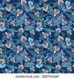 Tíger textura exótica tropical sin costuras
Patrón vectorial con gatos salvajes y plantas de selva