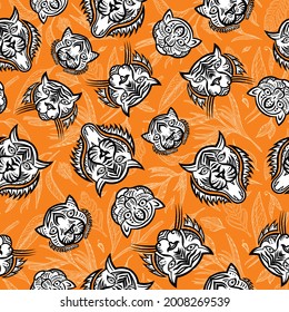Tiger exotic tropical seamless texture
Vector pattern with wild cats and jungle plants