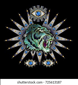 Tiger, eye on a silver background embroidery patch with sequins and beads for textile design.