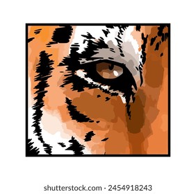 Tiger eye vector portrait illustration. Wild cat head close-up detailed drawing. Majestic predator bengal art.