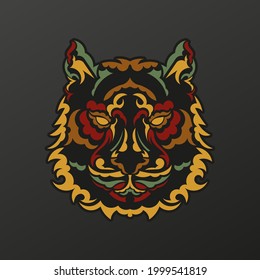 Tiger face in baroque color. The muzzle of an animal from the patterns of ancient tribes. Isolated. Vector illustration