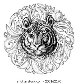 Tiger face black and white abstract decoration