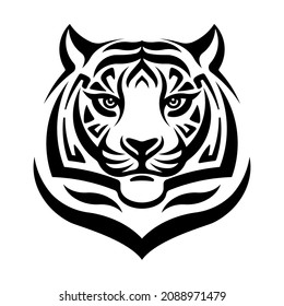 Tiger face. Black and white stylized tiger head. Abstract illustration for print, emblem, badge, poster. Concept of predator animals, safari, chinese horoscope. Symbol of the 2022 Year. Isolated