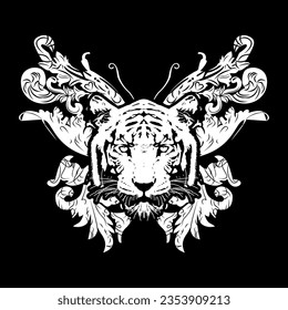tiger face and butterfly design for t-shirt on a black background.