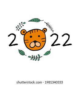 Tiger Face Cartoon, animal character. Symbol of 2022 New Year. Design Template for Christmas card, banner, poster, holiday decoration