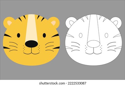 Tiger Face Cartoon Character. Cute Outline Tiger Animal Face Coloring Book For Kids. Vector Illustration. Outline Icon Tiger Head. Cartoon Face Logo.