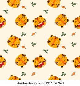 Tiger face cartoon so cute.on leaf and yellow background.pattern seamless vector and illustration.