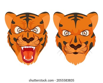 Tiger Face Character In Two Expression On White Background.