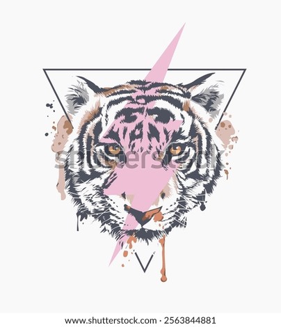tiger face with color splatters on triangle frame vector illustration