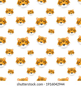 Tiger Face Emoji Pattern. Jungle Animal Head Seamless Background Symbols. Silhouette Clip Art Emoticon Vector.