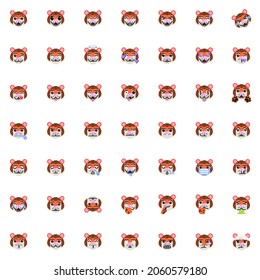 Tiger face emoticon collection, tiger emoji flat icons set Colorful symbols pack contains - happy face emoji, laughing smiley, blowing kiss, sad mood expression. Vector illustration. Flat style design