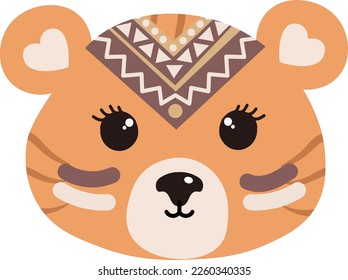 Tiger face with feather headband, poster for kids room, greeting cards, kids and baby clothes. Isolated vector.
