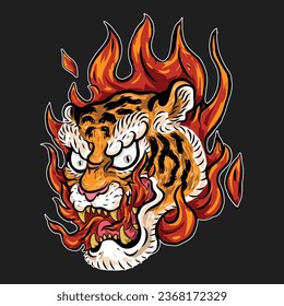 Tiger face in fire artwork. print design for t shirt and others. Wild animal graphic print design for apparel, stickers, posters, background .