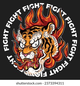 Tiger face in fire artwork. print design for t shirt and others. Wild animal graphic print design for apparel, stickers, posters, background .