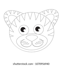 Tiger face funny cartoon. Outlined colorless illustration with thin line black stroke