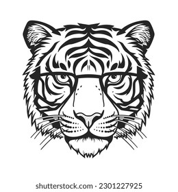 Tiger Face with Glasses  black and white