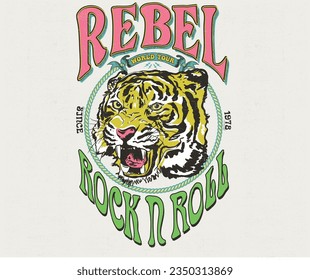 Obra gráfica de cara de tigre. Diseño de camisetas salvajes y libres. Diseño de la impresión gráfica de vectores de roca y rollo para prendas de vestir, pegatinas, carteles, fondo y otros.