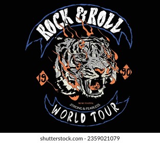 Tiger face graphic print design. Rock and roll vector graphic drawing. Animal face with fire art.