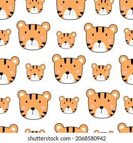 Tiger face hand drawn cartoon animal background seamless vector pattern in cartoon style for kids Used for printing, wallpaper, decoration, fabric, textile.