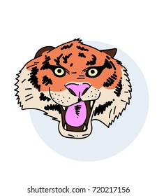 Tiger face hand drawn cartoon image. Freehand artistic illustration.