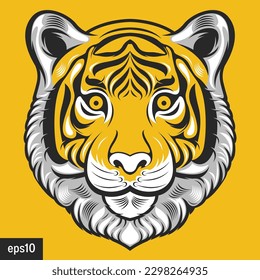 tiger face hand drawn illustration, graphic t-shirt, tattoo, cartoon stickers, street art, comic textile artwork for fabric print, clothes, bag