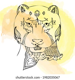 Tiger face hand-drawn black and white illustration. Design for tattoo, logo, print, antistress coloring book.