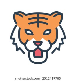 Tiger face icon. Orange and black cartoon illustration of a tiger's head. The animal's face is fierce and powerful, symbolizing strength and courage.