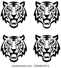 Tiger face icon silhouettes. The designs feature various stylized tiger faces, showcasing fierce expressions, wide-open eyes, and distinct features like stripes and sharp teeth. 