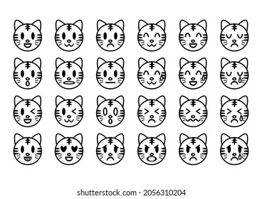 Tiger face icons set. Types of facial expressions. Vector illustration. Black and white.