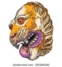 Tiger face illustration. Colour tiger head. Portrait of big wild cat, hand drawing in details. Vector. 