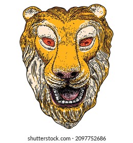 Tiger face illustration. Colour tiger head. Portrait of big wild cat, hand drawing in details. Vector. 