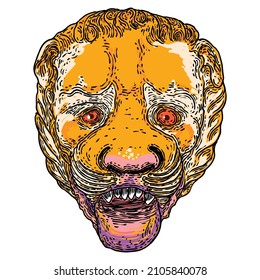 Tiger face illustration. Colour tiger head. Portrait of big wild cat, hand drawing in details. Vector. 