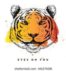 tiger face illustration with watercolor brush as vector
