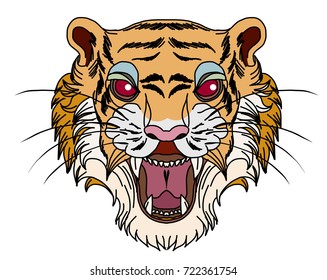 Tiger face isolate vector.hand drawn tiger roaring tattoo.