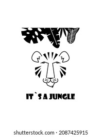 Tiger face and jungle leafs. Logo or brand vector design. Card, print, poster, etc.