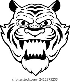 Tiger Face Line Art.Black and white vector illustration of a angry tiger head, line art, suitable for logo, tattoo, icon, mascot,shirt, t shirt, label, emblem, tatoo, sign, poster.