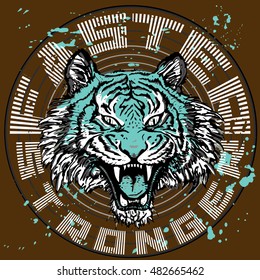 Tiger Face Logo with text Faster and Stronger in the circle.