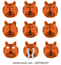 El ánimo de los tigres. Presente de la cara Aún, Sonríe, Duerme, Enojado, Triste, Confundido, Obsceno, Llorando, Mirando.
Ilustración de vectores de caracteres de animales salvajes.