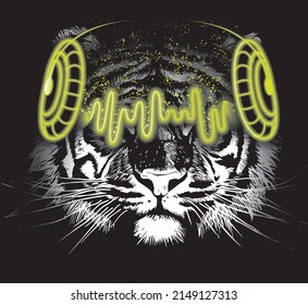 Tiger face neon glowing headphones on black background. Vector illustration.