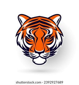 A tiger face is on white background, in the style of dark orange and dark blue,