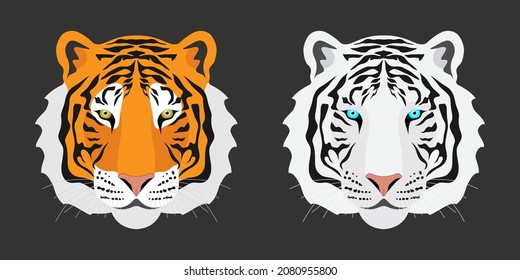 The tiger face is orange and white with blue eyes. Logo, icon, symbol. Set of isolated vector illustrations