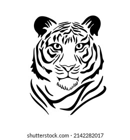 Tiger face portrait head isolated on white background. Template. Illustration. Close-up. Clip art. Hand Painting. Ink. Vector