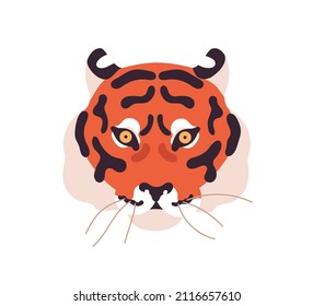 Tiger face portrait. Wild cats head icon. Predators muzzle. Tropical carnivore feline animal avatar. Amur hunter snout. Flat vector illustration of wildcat isolated on white background