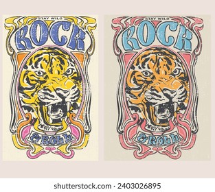 Tiger face print design for t-shirt. Rock and roll vintage artwork for poster, sticker, background and others. Animal. Wild life illustration.	